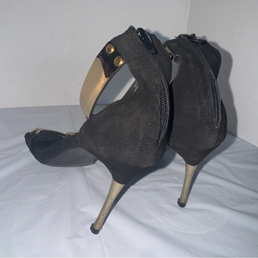 Jeffrey Campbell Malice Shoe "F-u-c-k  Off" Black Suede Gold Chain Heel Size 8.5 - Picture 4 of 14